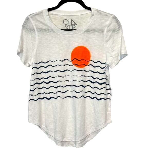 NWOT‎ Chaser Women's Beige Graphic T-Shirt Sun Waves Design Size S Casual NWOT - Picture 2 of 6